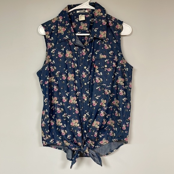 Levi's Sleeveless  navy with flowers Tie Blouse, Size L, cotton - Picture 1 of 9